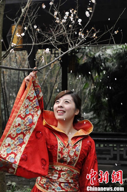 立春時節民眾著唐裝在甫草堂賞梅花