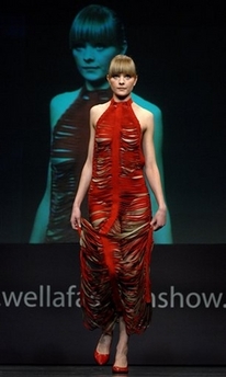 A model displays a creation by young Hungarian designer Reka Kontur, presented as part of the three-day Wella Fashion Show event in Budapest, Hungary, Sunday, March 4, 2007.