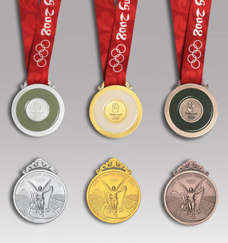 The Beijing Olympic medals are shown in this handout photograph during the Olympic Medal Launching Ceremony in Beijing March 27, 2007. The launching of the medals coincided with the 500 day countdown to the Olympic Games in China's capital which will fall on August 8, 2008.